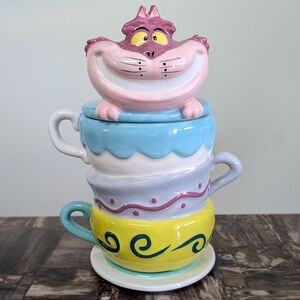Disney Alice In Wonderland Cheshire Cat Stacked Teacups Canister Cookie Jar 🫙